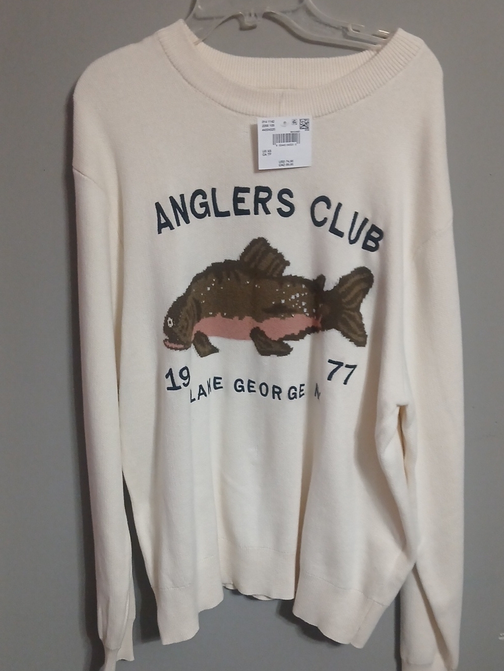 American Eagle Outfitters Cream Anglers Club Graphic Sweater with Brown Fish